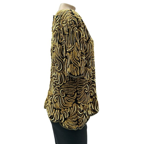Vintage Royal Feelings Gold Beaded Sequin Blouse Silk Blend Short Sleeve Women L - Picture 3 of 10